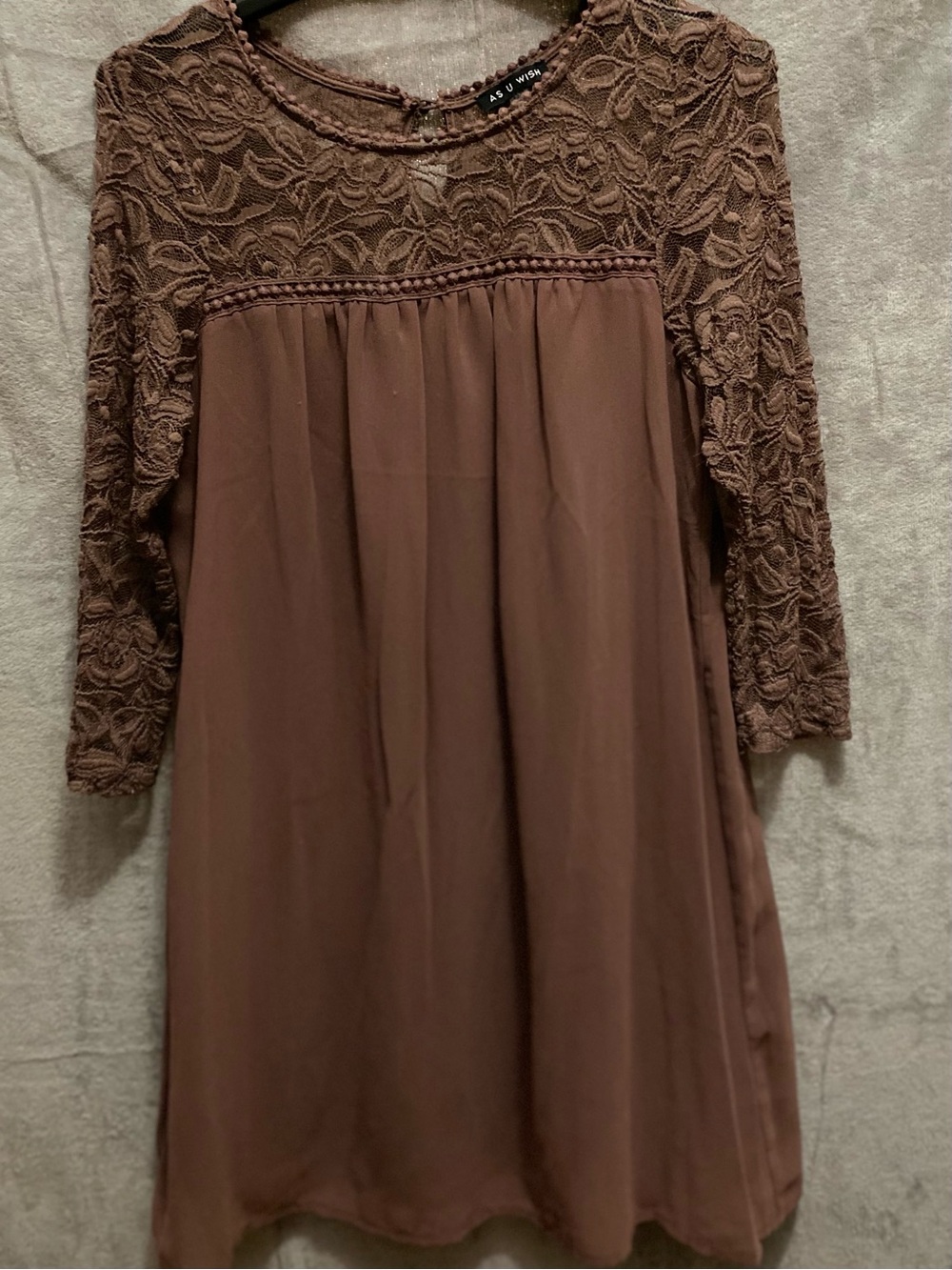 As U Wish Mauve Lace Yoke Chiffon Shift Baby Doll Mini Dress 3/4 Sleeve